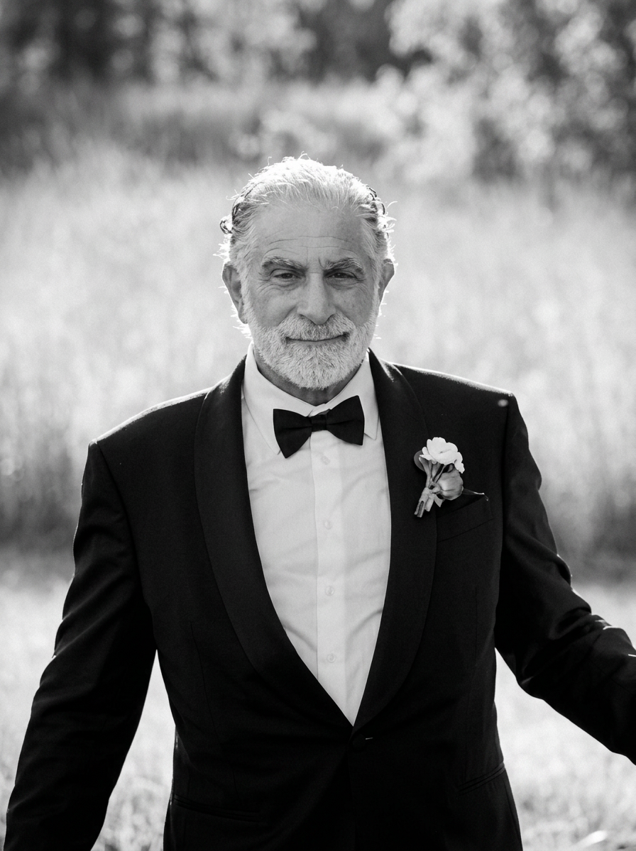 Black-and-white formal portrait of Abe Tatosian, President and Founder of Airtime Media. He is wearing a black tuxedo with a bow tie, photographed in editorial film grain against a dark studio backdrop.