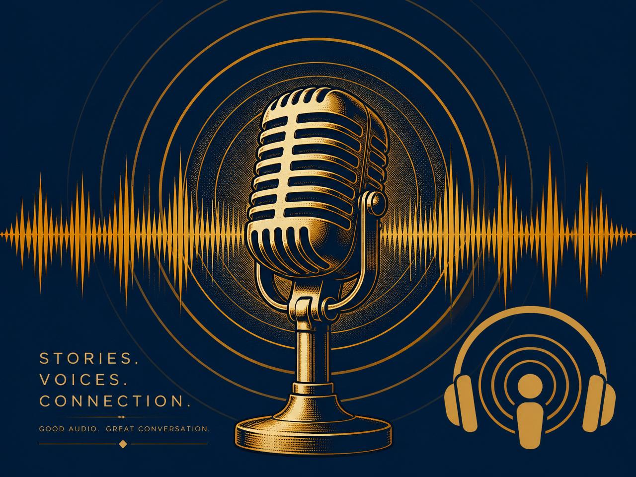 Per-inquiry radio advertising — vintage broadcast microphone with streaming audio waveform and podcast headphones, representing AM/FM, streaming, and podcast inventory