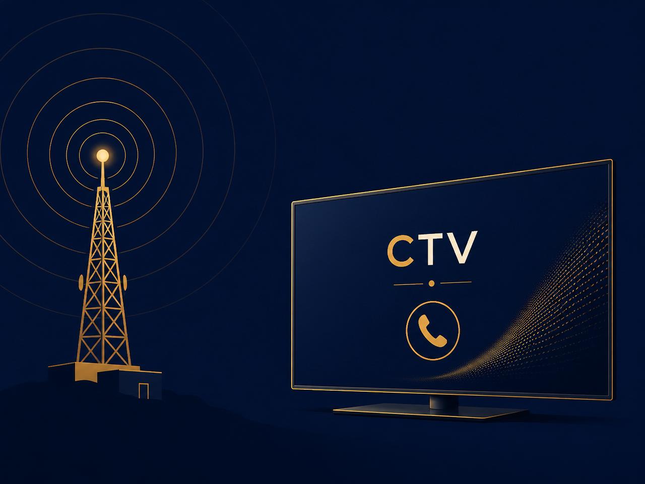 Per-inquiry TV advertising — broadcast tower transmitting a CTV signal with inbound phone-call attribution across U.S. DMAs