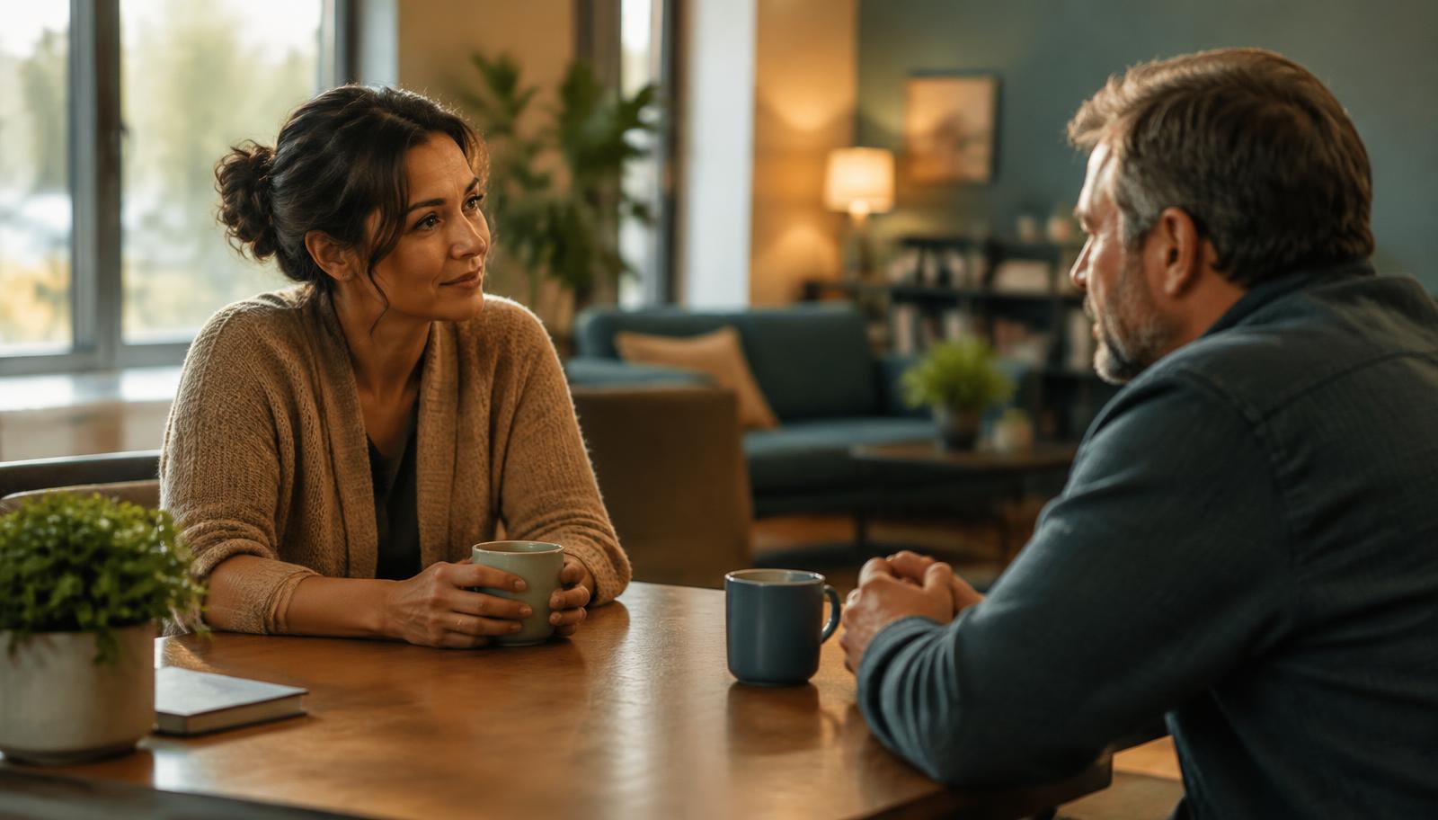 A counselor and a man in quiet conversation across a wooden table in a calm treatment-center lounge