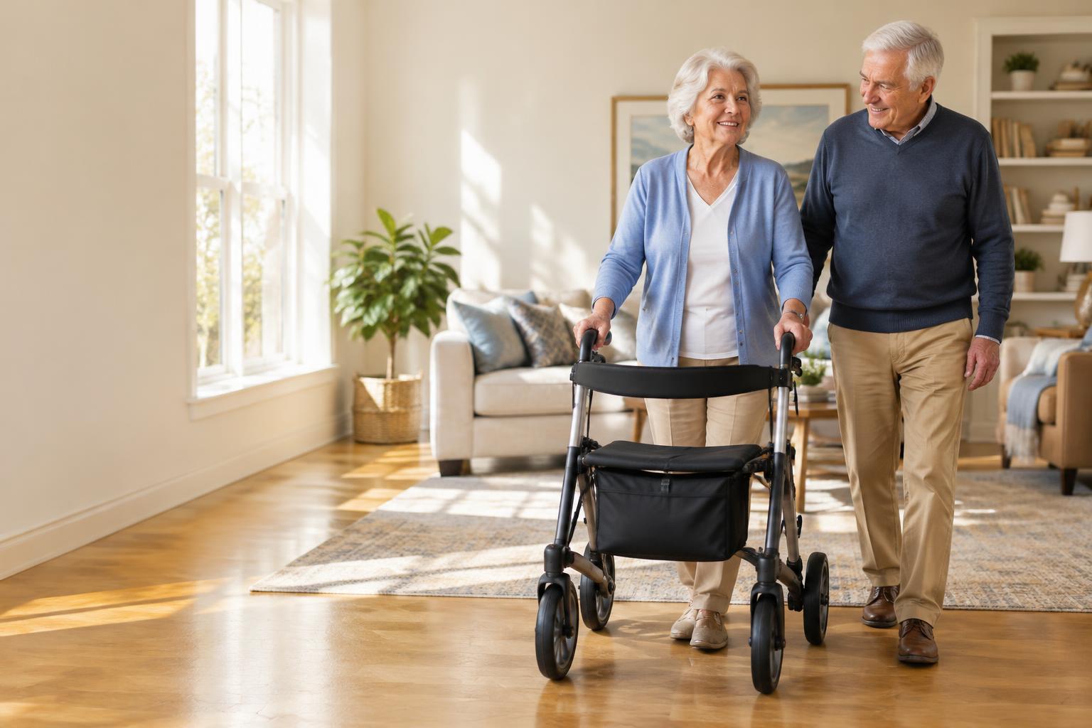 Senior woman walking confidently with a rollator beside her husband at home