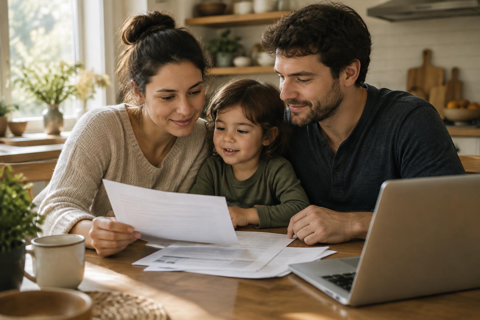 Young family at their kitchen table reviewing health insurance documents together
