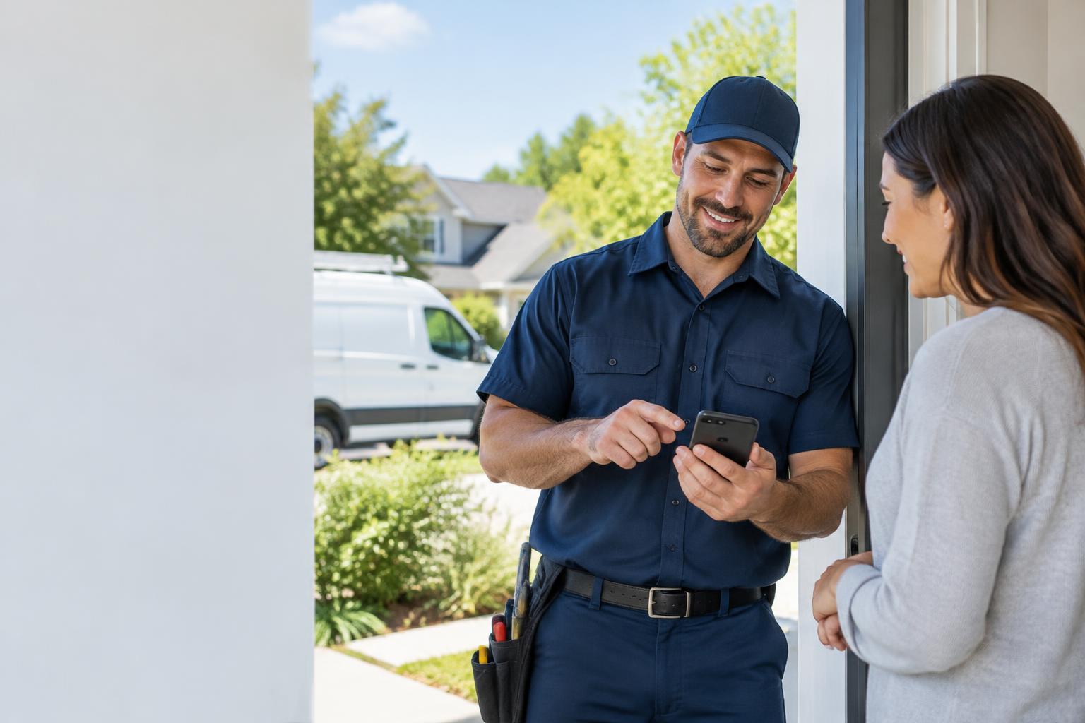 Home services technician confirming an appointment with a homeowner