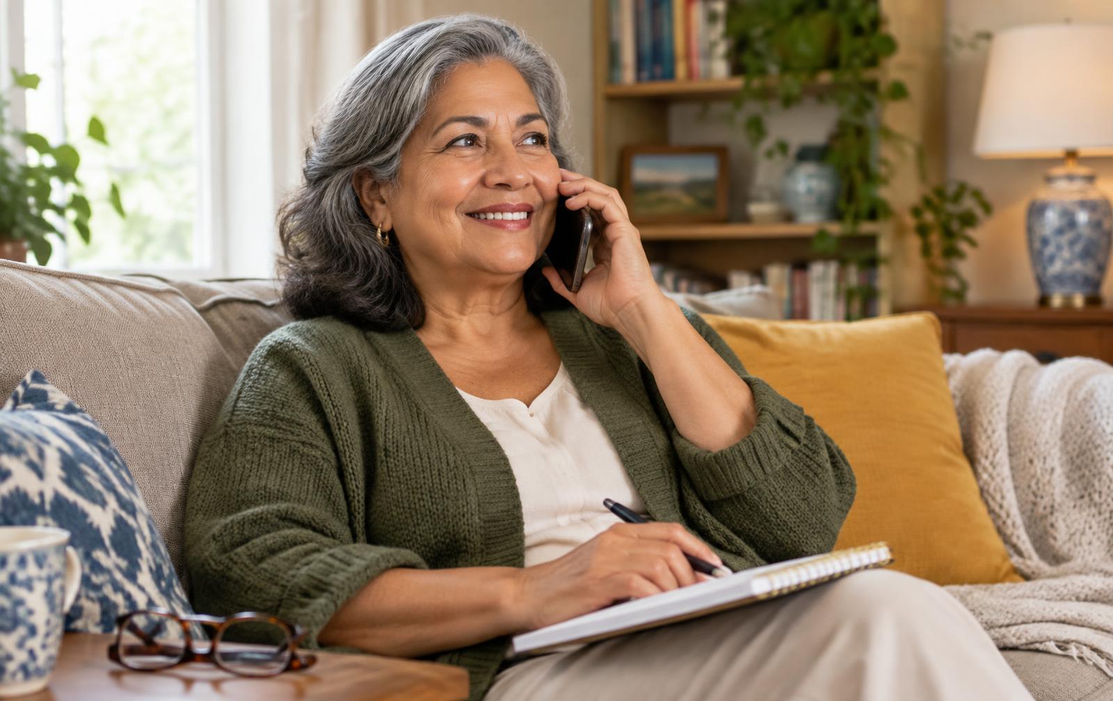Woman in her sixties on the phone at home, taking notes about her Medicare options