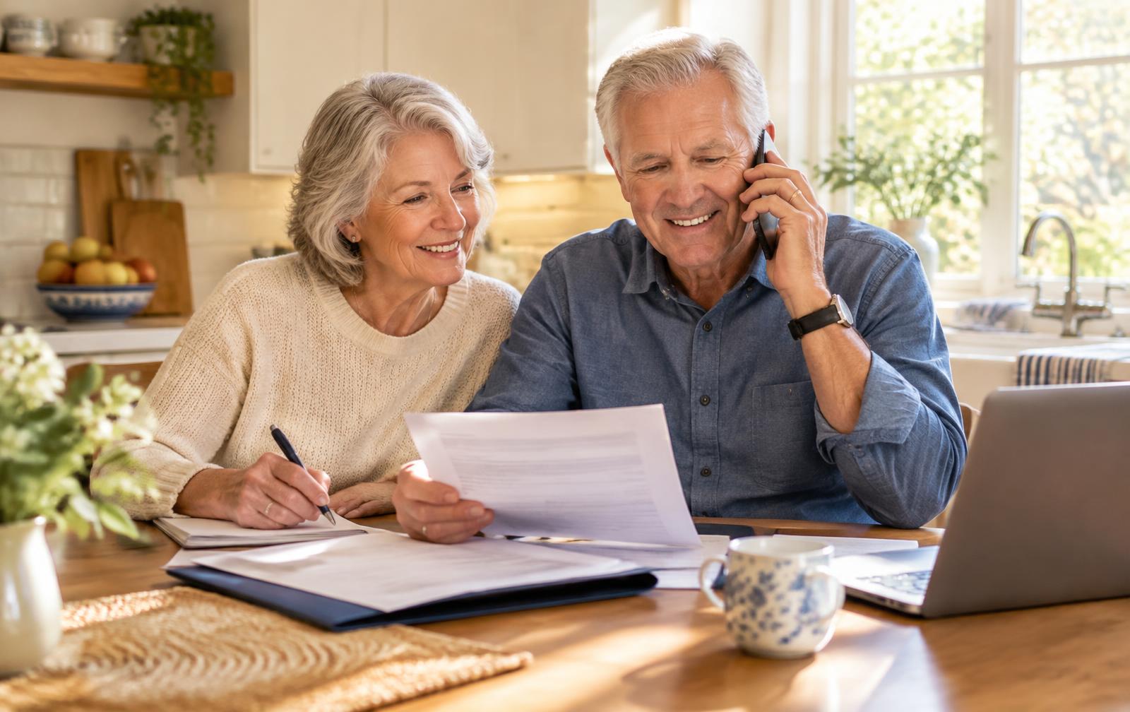 Retired couple at their kitchen table on the phone reviewing a life insurance policy